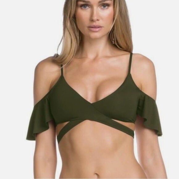 New BECCA olive green cold shoulder wrap tie bikini swim top